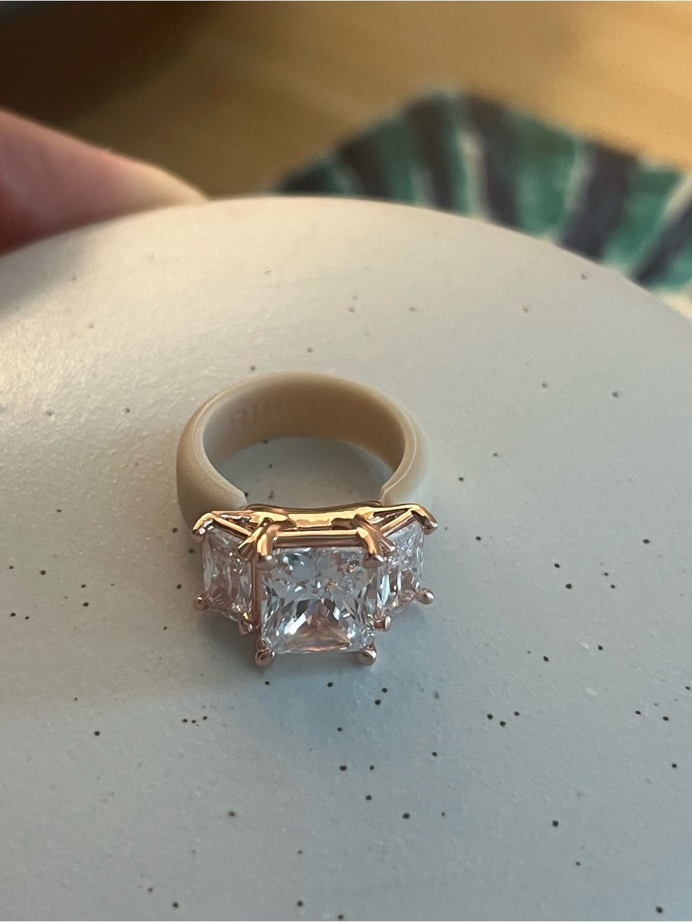 Three-Stone Emerald Cut CZ Crystal Silicone band Ring in Gold / tan size 4 - Picture 3 of 13